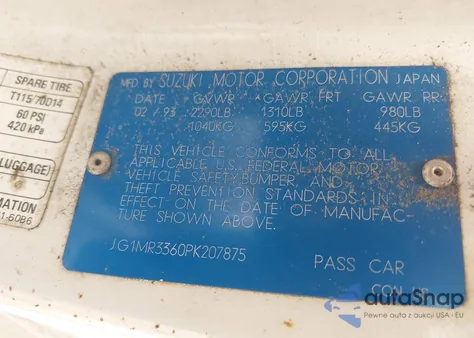 1993 Geo Metro Lsi Sprint Cl z USA, uszkodzony, nr VIN JG1MR3360PK207875